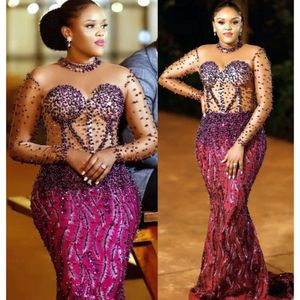 Aso ebi Bury Arabic Mermaid Prom Dresses Pearls Sloce Lace Invinging Formal Party Second Recention Birthday Engagemen