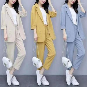 Kvinnors tvåbitar Pants Passar Office Lady Pieces Set Solid Korean Loose Cotton and Linen Blazers byxor Women Outfit 4XL W1962