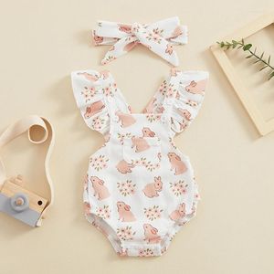 Girl Dresses Baby Easter 2 Piece Set Sleeveless Frill Trim Square Neck Waffle Tank Top Romper Headband Infant Toddler Outfits