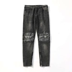 Verwaschene Distressed-Jeans im amerikanischen Stil für Männer mit lockerer Passform und geradem Bein, koreanische Street-Trend-Jeans mit weitem Bein und Reißverschluss