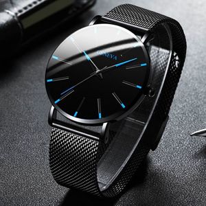 2021 Minimalistiska herrmode Ultra Thin Watches Simple Men Business rostfritt stål Mesh Belt Quartz Watch Relogio Masculino340J