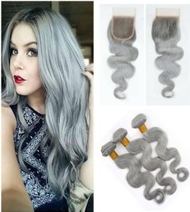 New Fashion Grey Silver Brazilian Virgin Hair Weave 3 Bundles With Lace Closure Body Wave Human Hair Extension With Lace Closure G7613404