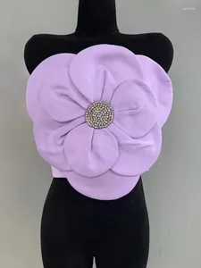 Tanques femininos roxo strass tridimensional flores tubo topo para mulher sexy luz luxo floral camisola primavera verão petite