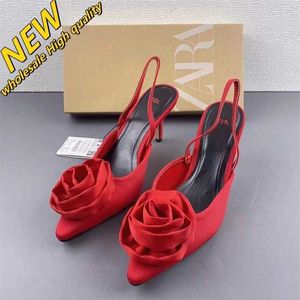 Cheap Store 90% Off Wholesale Za Red Rose Blossom Jewelry Pointed Headband Thin Heels High Shallow Mouth Open Fashion Sandals for Women