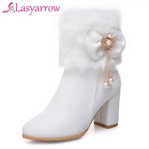 Buty Lasyarrow duże rozmiary 3352 buty damskie jesienne zimowe ciepłe buty z cielęcia średnie wysokie obcasy okrągłe palec u nóg zimowe buty ślubne białe czarne