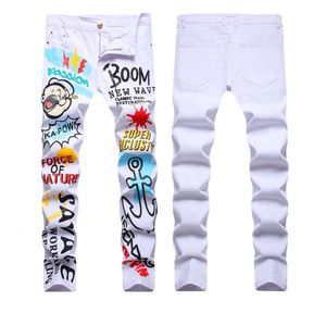 Men's Stretch Printed White Slim Fit Jeans, Fashionable and Personalized Men's Trendy Long Pants