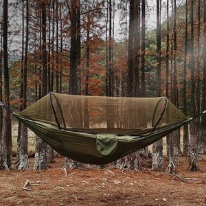 Hammocks Automatisk och snabb öppning av Mosquito Net Hammock Outdoor Camping Pole Hammock Swing Anti Roll Nylon Rocking Chair 260x140cm Y240322