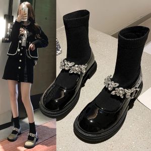 Stövlar brittisk stil 2021 Autumn Black New Mary Jane Socks Fashion Low Heels Round Toe Midcalf Rheinstones Women Boots