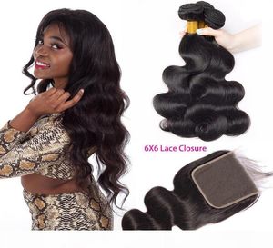 Indian Human Hair Bundles With 6X6 Lace Closure Middle Three Part Body Wave Hair Wefts With 66 Closure Natural Color Body Wa5397809