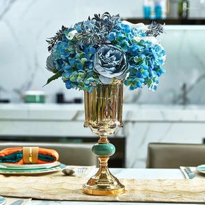 Vase Light Luxury Gold Metal Crystal Glass Vase European Model Room Living Table Top Decoration Set