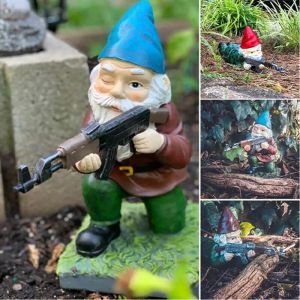 Skulpturer CS Dwarf Shooting Sniper AK47 Design Dwarf Shooting Army Soldier Harts Decoration Home Figurer Hantverk utomhus trädgårdsskulptur