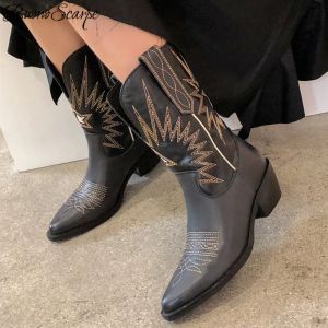 Stivali Buono Scarpe Embroider Women Boots Med Heels Knight Boots Female vera pelle Botas Mujer Western Cowboy Sale Stivali2019