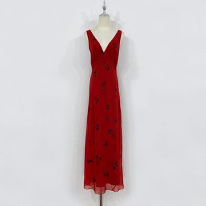 Womens Dress USA Fashion Märke Silk Red Floral Printed Sleeweless Slip Long Dress