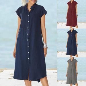 Casual Dresses Dress For Women Summer Lady Solid Short Sleeve Button Down Shirt Turndown Collar Pocketed Fit Cotton