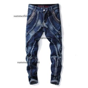 New 2023 Spring Spliced Straight Fit Mid High Waist Washable Fashion Blue Tassel Men's Jeans