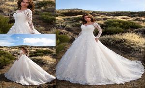 2020 neue glamouröse lange Ärmel, volle Spitze Brautkleider, V-Ausschnitt, florales Hofzug-Brautkleid, Robe De Mariage7992678