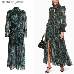 Basic Casual Dresses 2023 New Design Runway Green Flower Print Bracket Collar and Sleeves Smooth Maxi Chiffon Dress Party Evening Dress Vestibus Q240322