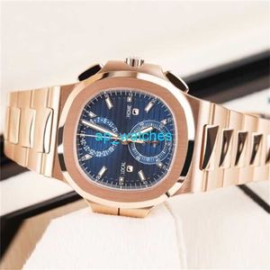 Relógios de luxo Pateksphilipes 5990/1R-001 Rose Gold Blue Data Display Timing Função de fuso horário duplo Relógio FUN 3Z