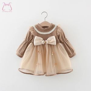 Autumn Baby Girl Long Sleeve Mesh Dress Lace Bow Cute Party Children Clothing Fashion Korean Style Toddler Kids Costume 0 To 3Y 240322