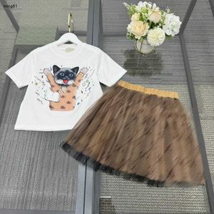 Brand Baby Clothes Kids Tracksuits Summer Princess Dress Storlek 100-150 cm Girls Cartoon Cat Pattern T-shirt och spets kjol 24mar