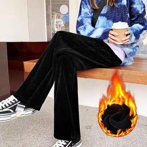 Calças femininas manter quente engrossado calças de veludo perna larga sweatpants inverno em linha reta sólida pelúcia cintura alta c40