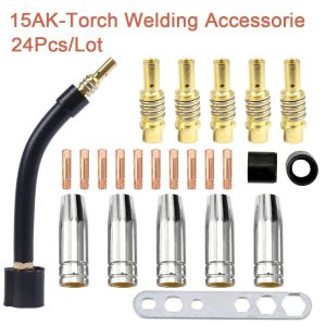 Lastoortsen 24pcs 15ak for Binzel Torch Consumable Electrode Shield Cup Link Rod Tips Bend for Mig 15ak Mig Device Welding Hine