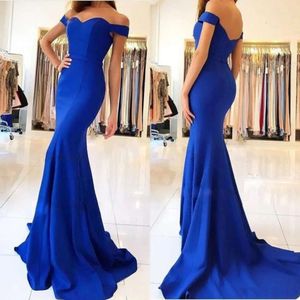 Mermaid Blue Royal Prom Dresses Off Shoulder Backless Sweep Train Simple Garden Country Arabic Bridesmaid Evening Gowns Maid of Honor