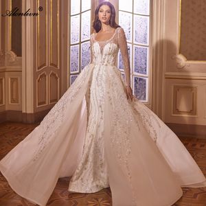 Luxury Beaded Appliques Lace Scoop Mermaid Wedding Dress Full Sleeves Stunning Embroidery 2 In 1 Trumpet Bridal Gowns With Removable Train