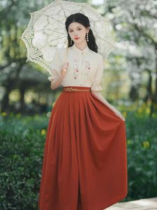 Work Dresses Summer 2024 Office Lady Vintage Stand Collar High Waist Blouse Short Sleeve Shirt And A-line Red Long Skirts 2 Pieces