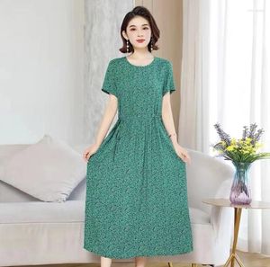 Party Dresses Middle-aged Cotton Silk Dress Women's 2024 Summer Fashion Print Round Neck Short-sleeved Pocket Mid-length