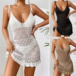 Kvinnors Deep Vneck Beachdress Seethrough virkade baddräkter täcker ihålig baddräkt för strandkläder 240320