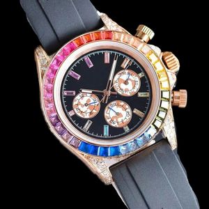 Enkel mekanisk automatisk klocka 41mm kronograf Rainbow Diamond Watch Plated Gold 904L rostfritt stål Rem Womens Watch Designer med Box SB077 C4