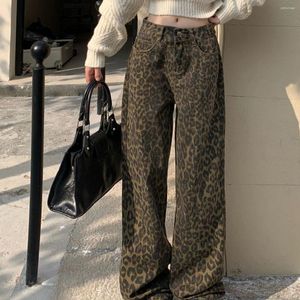 Jeans femininos leopardo impressão mulheres cintura alta vintage perna larga calças jeans streetwear moda retro casual y2k baggy