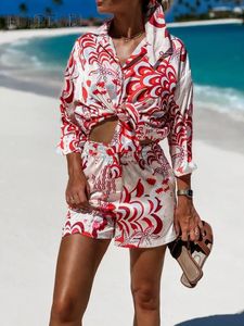 Conjuntos de camisa feminina moda impressa verão manga longa shorts 2 peças conjunto 2023 senhora vintage férias praia roupas casuais 240315