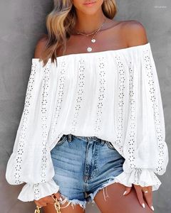 Women's T Shirts Off Shoulder Eyelet Embroidery Lantern Sleeve Top Strapless Women Solid Color Summer Spring Blouse Tops Sexy Shirt