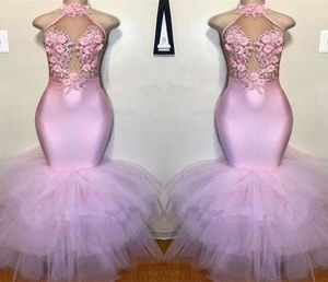 Blush Pink Mermaid Prom Dresses 2020 Halter 3D Flowers spetsapplikationer Kvällsklänningar plus storlek Afrikansk formell partiklänning BC39868475241