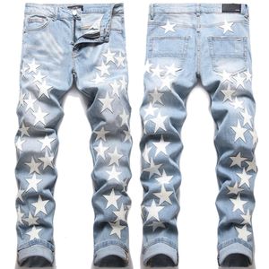 Brand Autumn and Winter Embroidery Pentagram Collar Slim Fit Jeans Men's Fashion Personalized Feet Pants