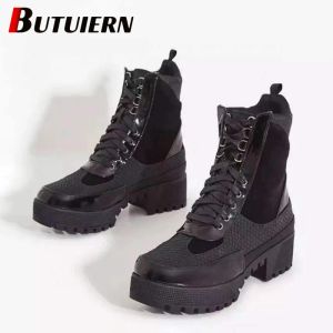 Bot yeni kadınlar kalın taban deri yeni botlar sıradan kadın botları kadın moda dantel yukarı uzun boylu botlar orta topuk düz botlar Damenstiefel