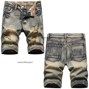 Estilo moderno de rua com vários furos, cor nostálgica, artesanato solto e completo, calças jeans dobráveis costuradas de marinheiro lavadas para homens