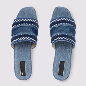 24ss azul impresso denim tecido designer mulheres chinelos slide sandálias flip flops plana fundo grosso bordado impresso geléia de borracha vestido de couro sapatos 35-42