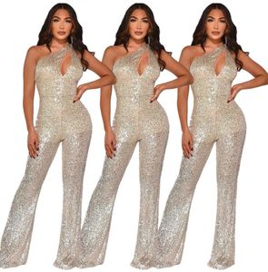 MEQ403 Women039s Sequin Cloth Hollow Slant Shoulder Sexy Wide Leg Nightclub Jumpsuit Women Party Party Street Casual2275519