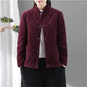 Giacche da donna Autunno Inverno Giacca imbottita in cotone di velluto a coste Donna Retro Colletto allentato Cappotto corto scozzese con diamanti imbottito in cotone