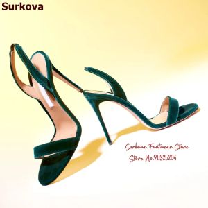 Sandaler Surkova Dark Green Red Velvet Thin High Heel Sandaler Single Band Elastic Slingback Dress Pumps Slipon Evening Shoes Size46