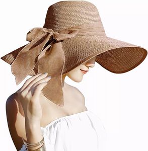 Women's 5.5 Inch Large Bow Straw Hat Large Floppy Foldable Roll Up Beach Sun Hat UPF 50+