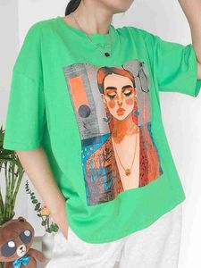 女性のTシャツピンクコットンTシャツ女性特大2024ルーズソフトコミック夏Tシャツ緑のシンプルな基本女性短袖Tシャツ240322