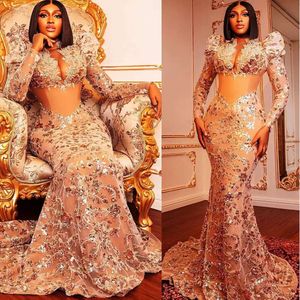 Arabic Size Plus Aso Ebi Mermaid Gold Prom Dresses Beaded Crystals Evening Formal Party Second Reception Birthday Engagement Gowns Dress