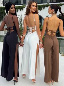 فساتين غير رسمية أساسية Dulzura Summer Women Sexy y2k Lace Up Lackless Strap Rompers Slit Wide Leg Suitits Agaid