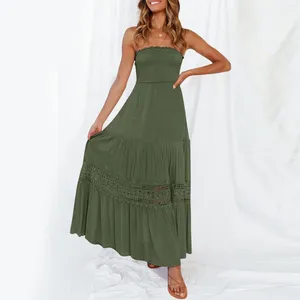 Lässige Kleider Damen Sommer Bohemian Trägerlos Schulterfrei Spitzenbesatz Rückenfrei Flowral A-Linie Strand Langes Maxikleid 2024 Abend Vestido