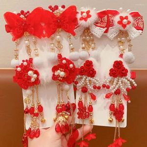 Hair Accessories Flower Children Red Hairpin Cloth Tassel Ancient Style Girl Bowknot Chinese Year Headwear Baby