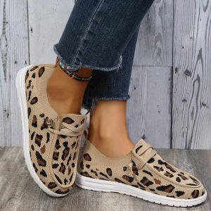 Boots Knitted Leopard Sneakers Woman Comfortable Slipon Mesh Flats Ladies Summer Breathable Net Sport Shoes